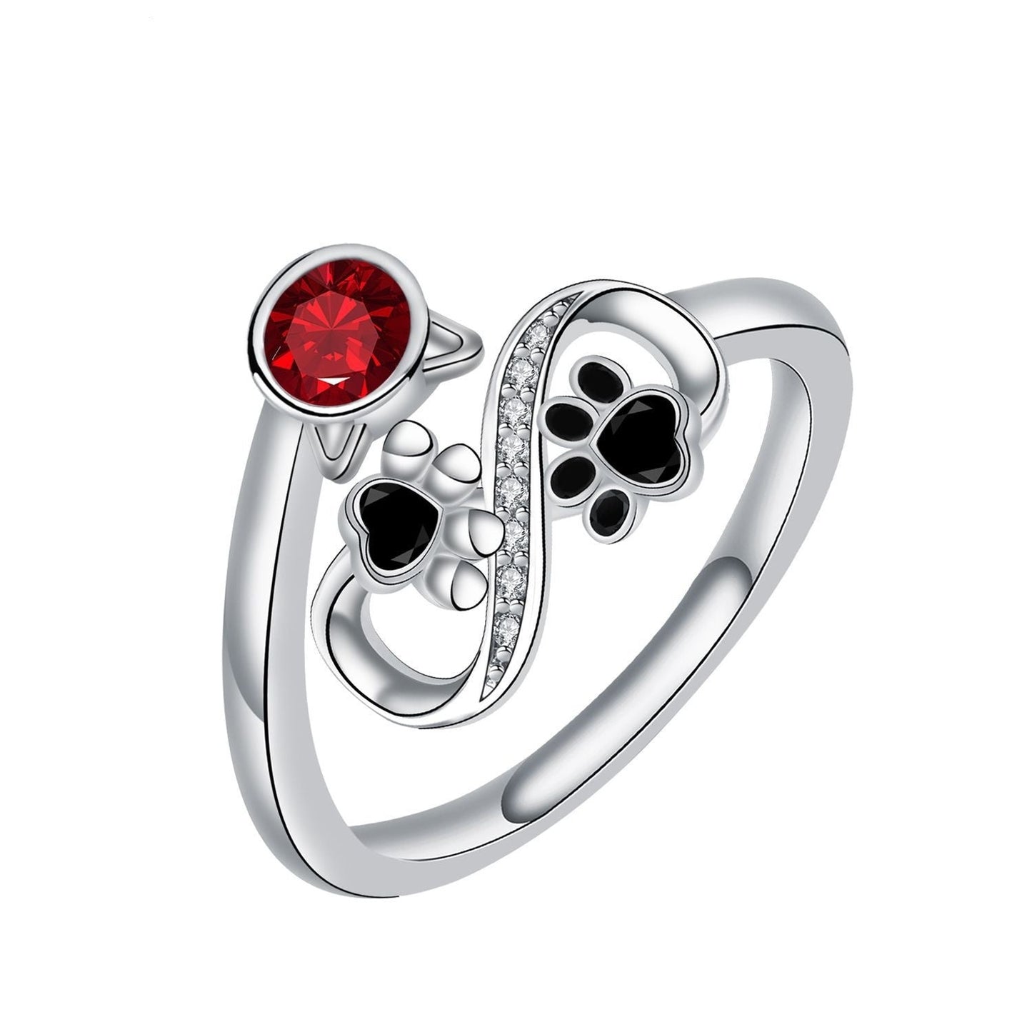 Bague réglable avec empreintes noires et pierre précieuse rouge