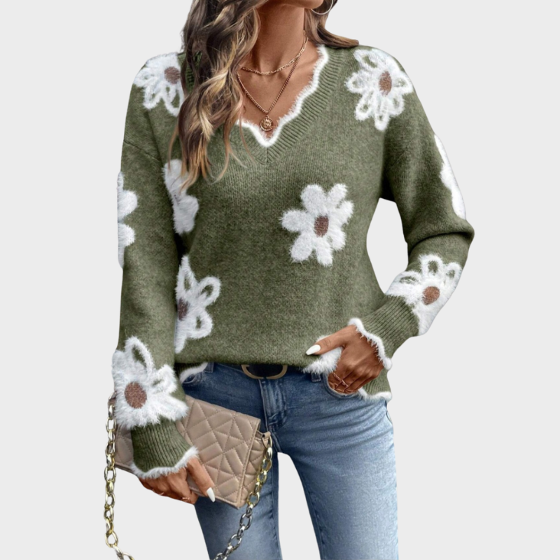 Clara | Pull floral ajusté avec décolleté en V