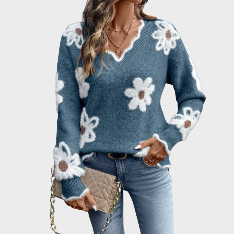 Clara | Pull floral ajusté avec décolleté en V