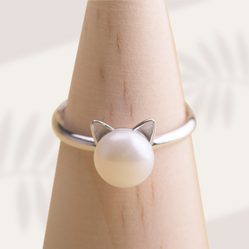 Bague en argent sterling avec perle en forme de chat
