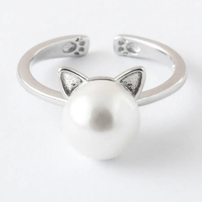 Bague en argent sterling avec perle en forme de chat
