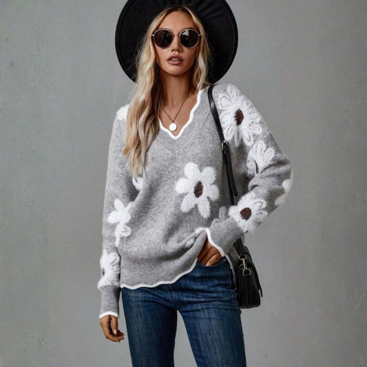 Clara | Pull floral ajusté avec décolleté en V