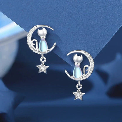 Boucles d'oreilles chat avec lune et étoile en argent sterling 925 avec zircon