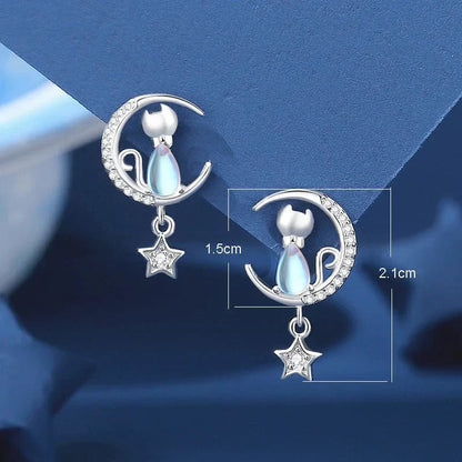 Boucles d'oreilles chat avec lune et étoile en argent sterling 925 avec zircon