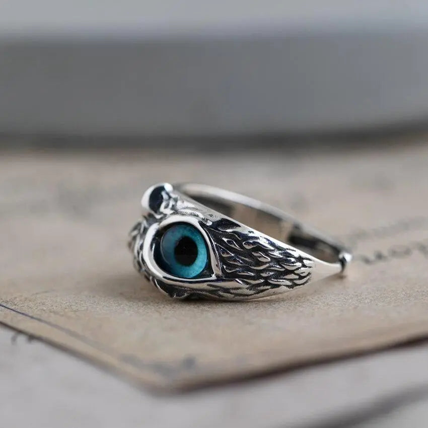 Bague Ajustable en Argent avec Opale et Design de Hibou Porte-Bonheur