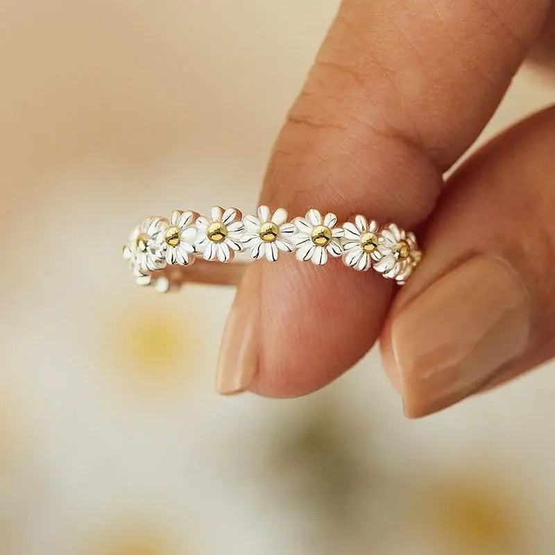 Bague Marguerite en Argent avec Émail Peint à la Main