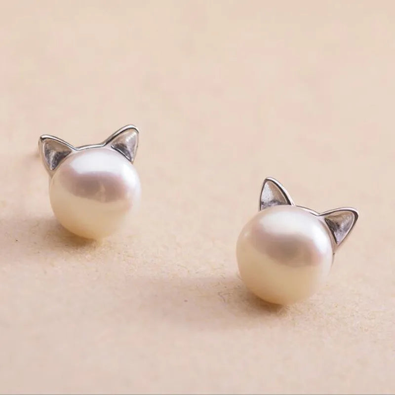 Boucles d'oreilles en argent sterling en forme de chat avec perle
