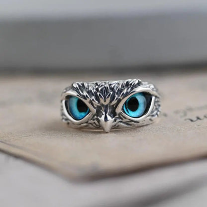 Bague Ajustable en Argent avec Opale et Design de Hibou Porte-Bonheur