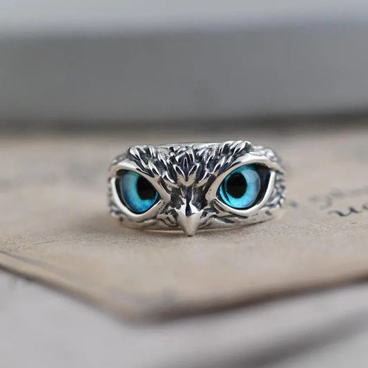 Bague Ajustable en Argent avec Opale et Design de Hibou Porte-Bonheur