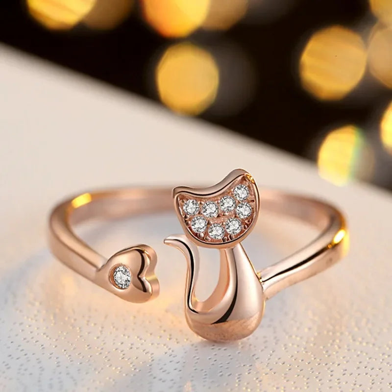 Bague ouverte avec un joli chat – Zirconia