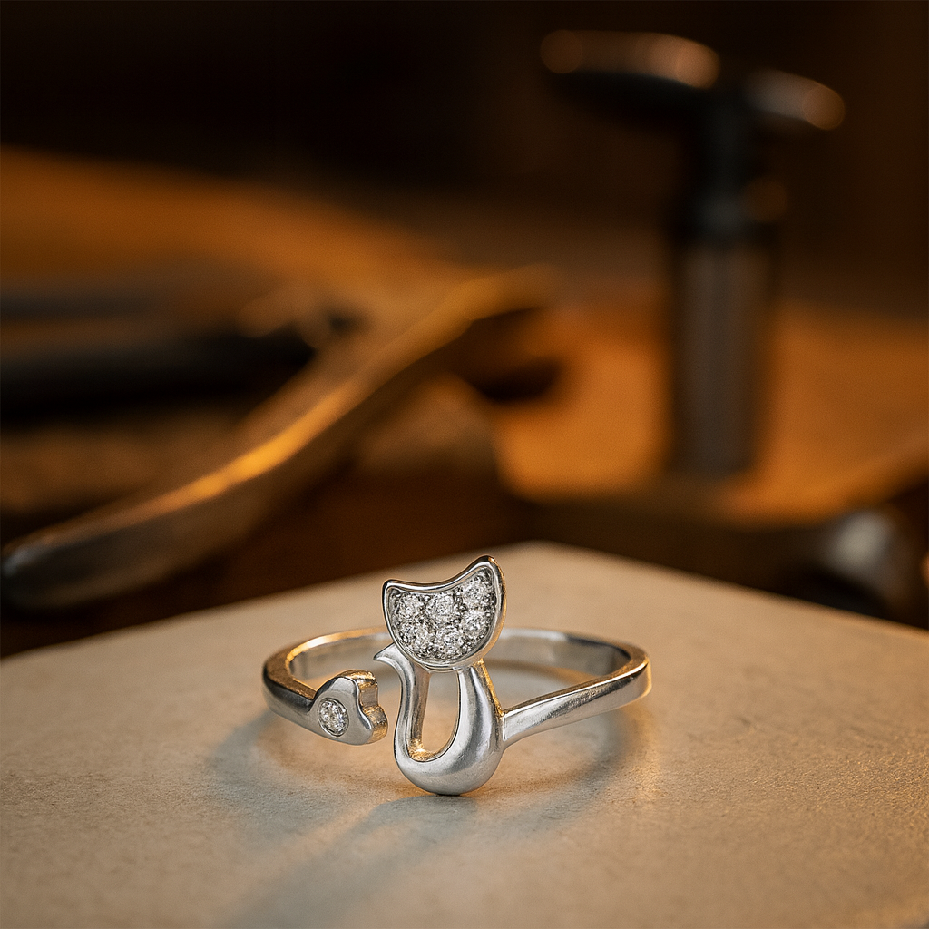 Bague ouverte avec un joli chat – Zirconia