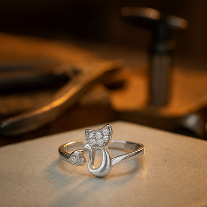Bague ouverte avec un joli chat – Zirconia