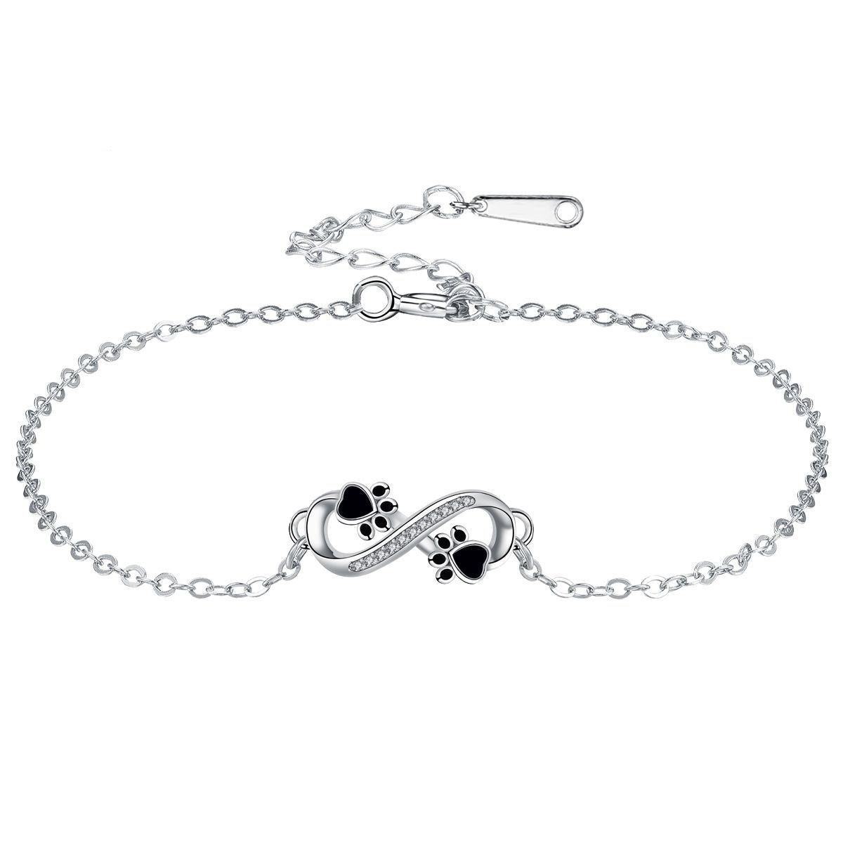 Bracelet avec symbole de l'infini, pendentif avec empreinte de patte et zircons
