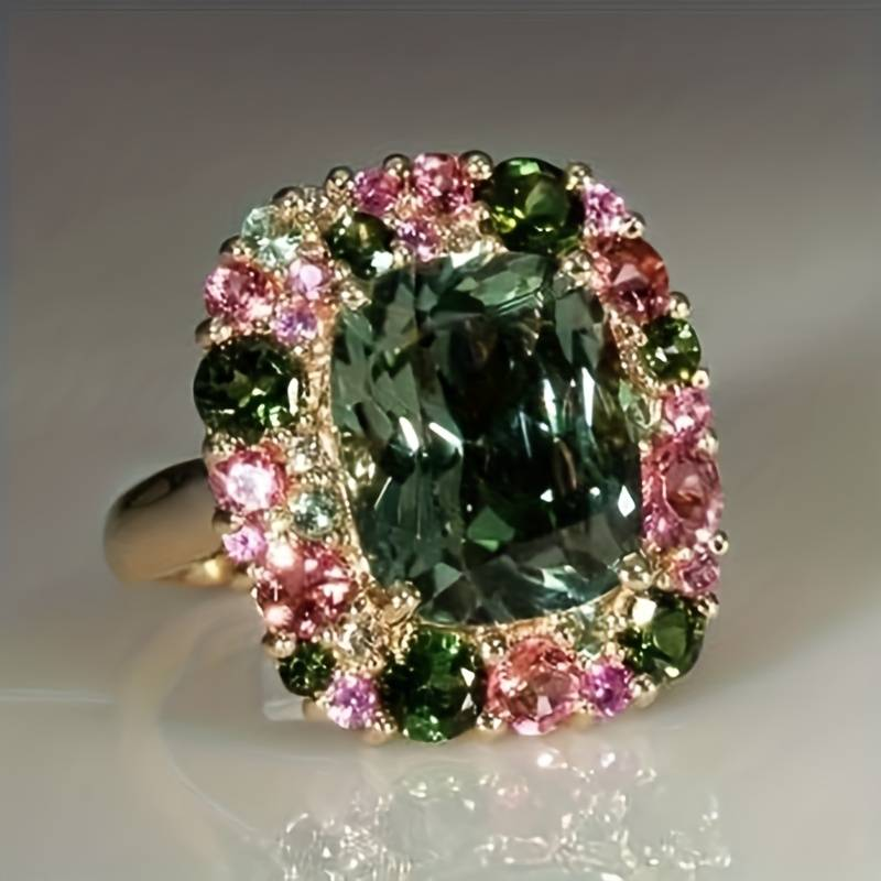 Bague en cristal vintage verte et rose
