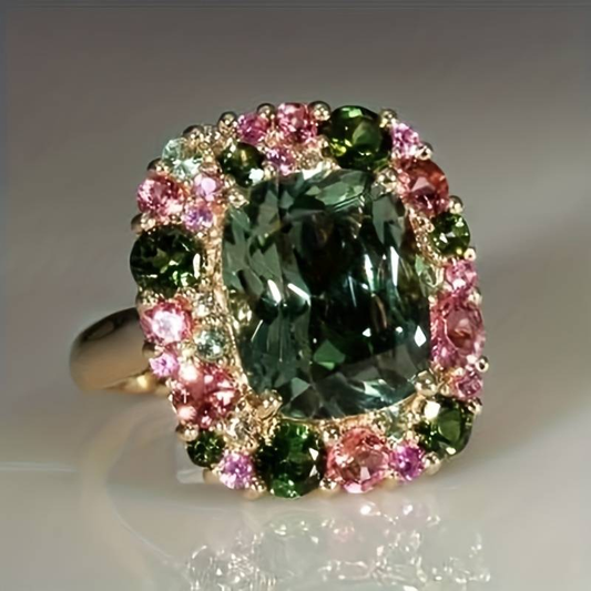 Bague en cristal vintage verte et rose